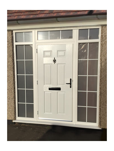 White solid composite door with toplight and side panels