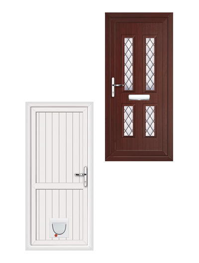 UPVC rosewood Diamond Lead door and cottage style solid door with catflap