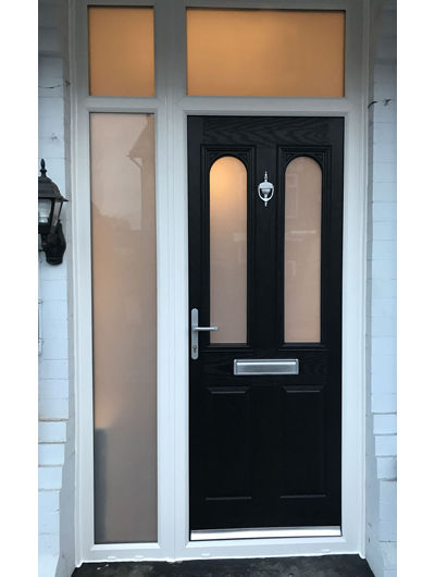 Composite door, toplight and side panel with sandblasted glass