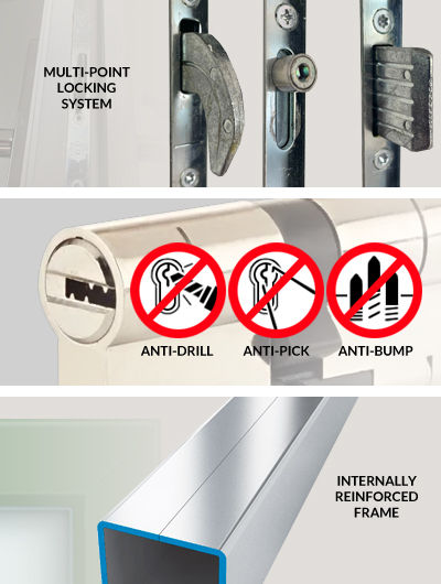 Door locking system, barrel and frame security features