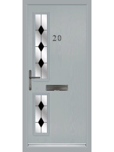 Silver grey composite door with two handle side black diamond glass panels