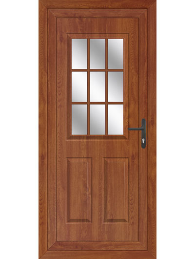 Golden Oak three panel UPVC door with Georgian Bar