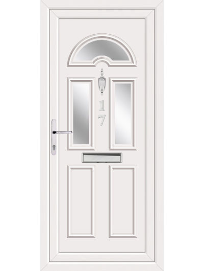 Five panel half moon glass UPVC front door in white