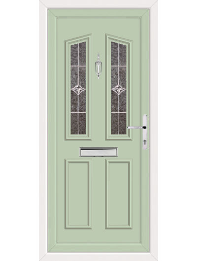 Chartwell green swept twin vertical UPVC front door with white frame