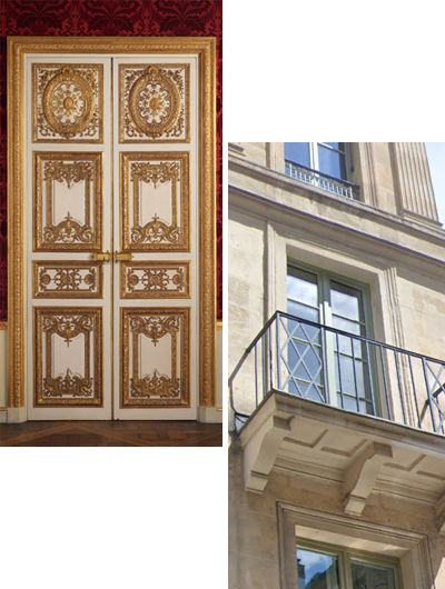 Double doors from the Palace of Versailles and a balcony in Paris with french windows