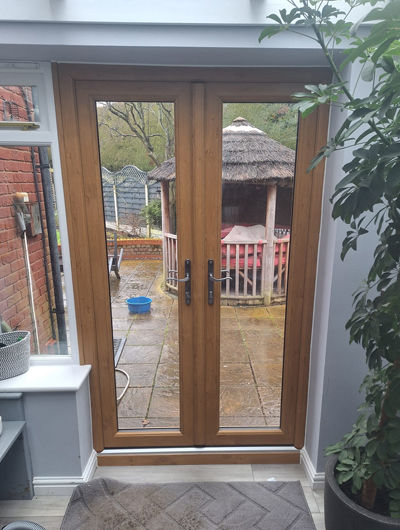 Irish oak UPVC french doors viewed from inside