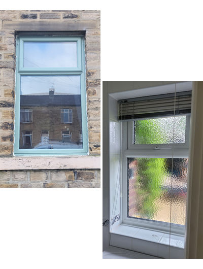 Chartwell green UPVC window viewed outside and textured glass UPVC window viewed inside
