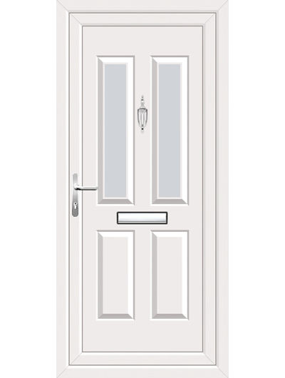 White twin vertical glass UPVC front door with chrome hardware