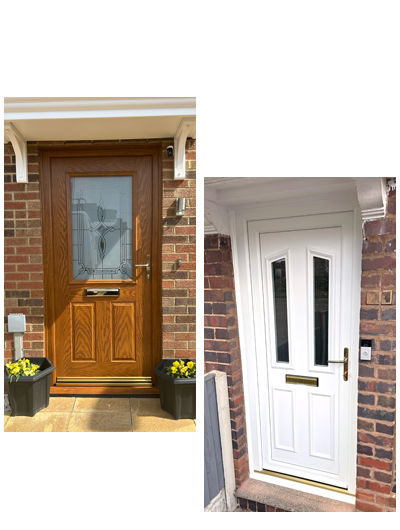Traditional oak composite front door and white UPVC front door