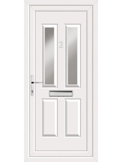 Leeds UPVC front door in white with chrome hardware