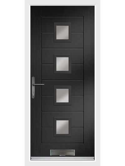 Monza 4 Square Centre composite front door in black with white frame and graphite hardware