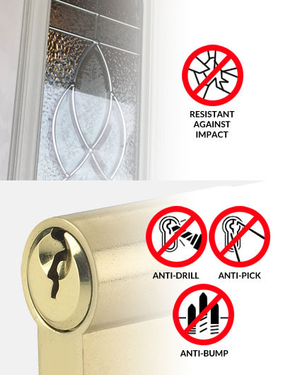 Close up of glass design and gold euro cylinder with descriptive symbols