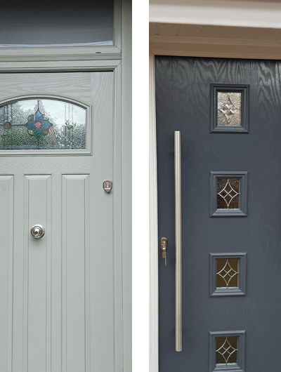 Heritage lock and knob on pale green-grey 1930s composite door and bar handle on slate grey modern composite door