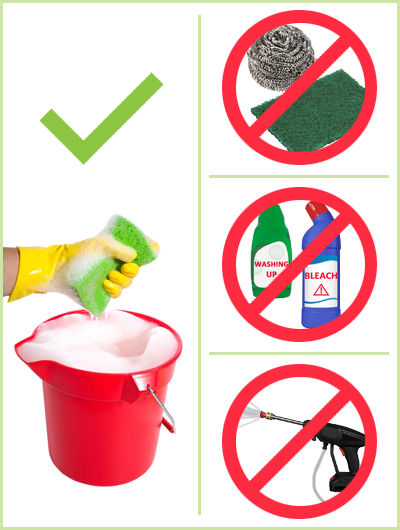 Nad squeezing sponge over red bucket of soapy water and other cleaning items crossed out