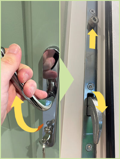 Door handle lifted upwards to engage multipoint locks