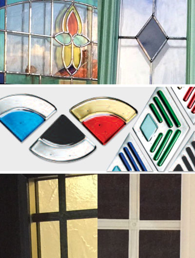 Colour foiled glass, coloured bevels, and bars within glass matching the doors