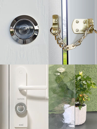 Spyhole, security chain, Nuki Smart Handle, and obscure glass in front of a potted plant
