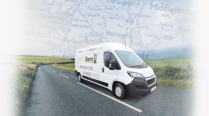 Door delivery van driving across a road