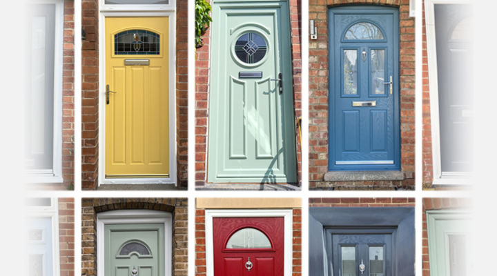 A selection of coloured composite and UPVC front doors in situ