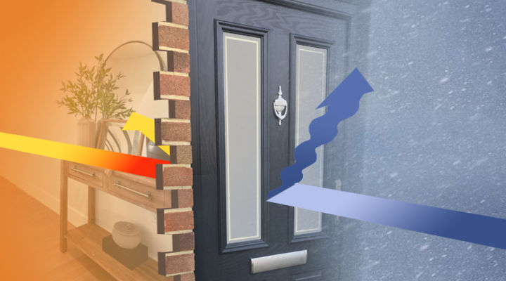 Illustration of a composite door deflecting external draught outards and internal heat inwards