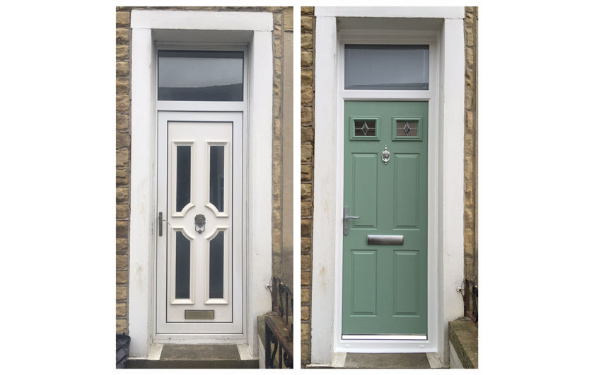 An old white door and a new chartwell green composite door