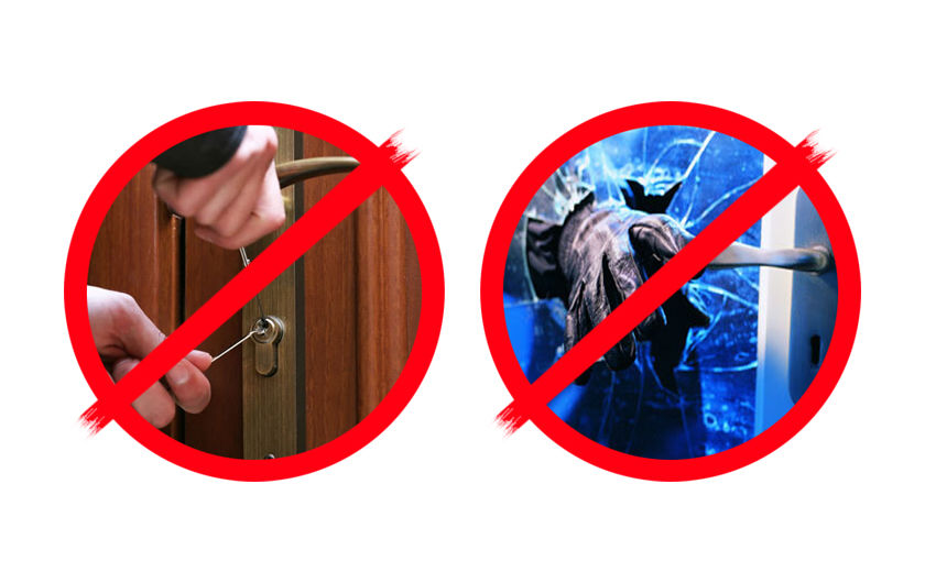 Crossed-out pictures of burglars lockpicking and reaching through a smashed window