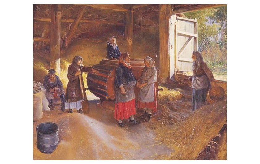19th century painting of women processing harvested crops in a threshing floor