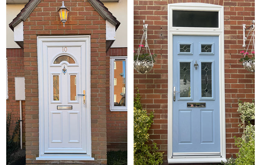 White UPVC door and light blue composite door with toplight