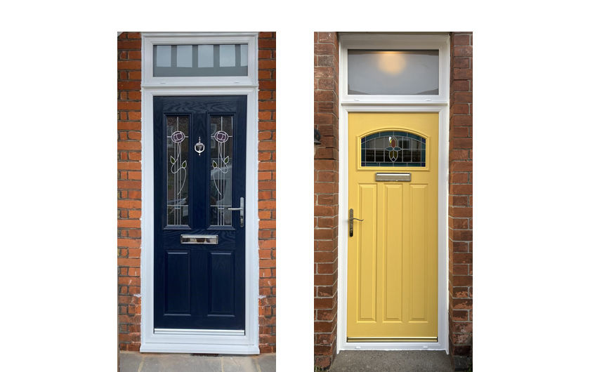 Composite doors in blue and buttercup yellow