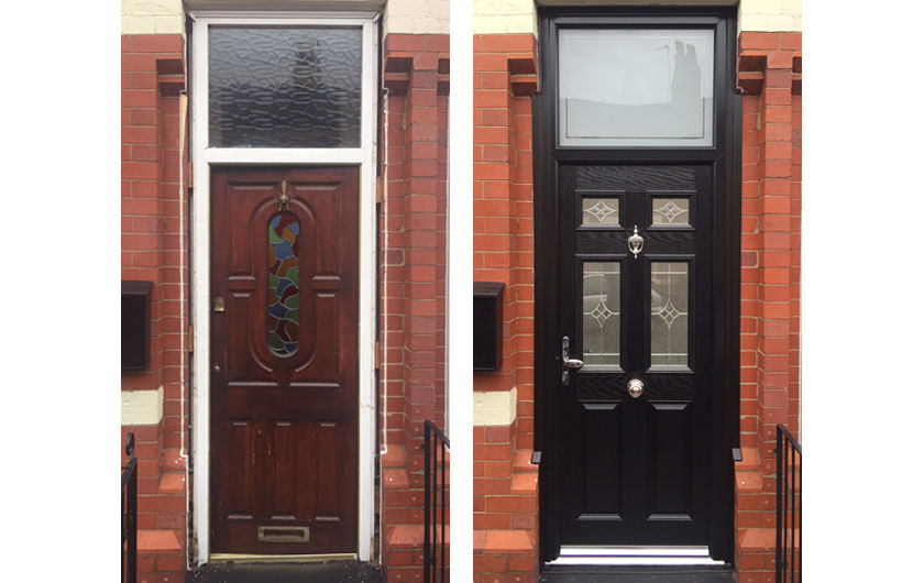 Old wooden door with large toplight and new traditional style composite door with large toplight