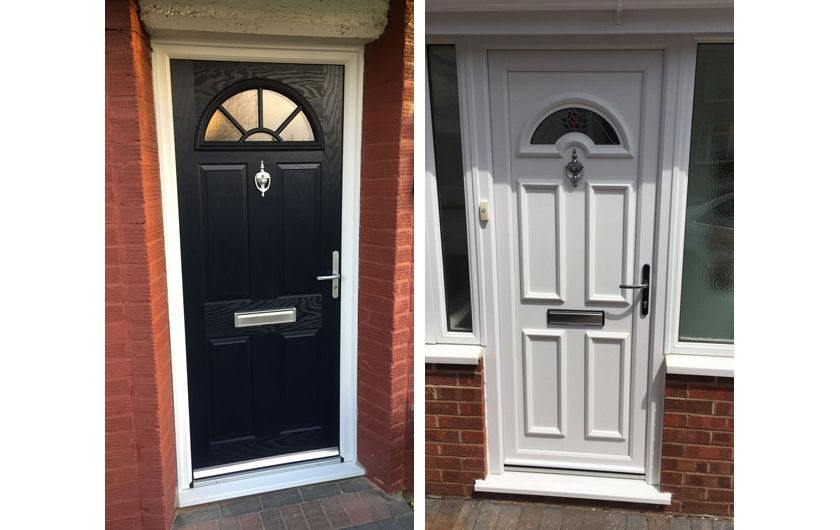 A black half moon glass composite front door and a white half moon glass UPVC front door