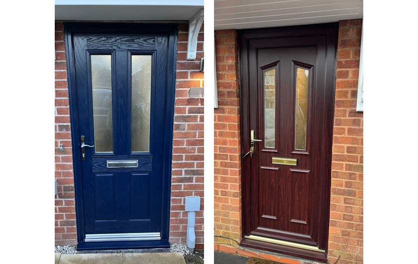 A blue composite front door and rosewood UPVC front door both in situ