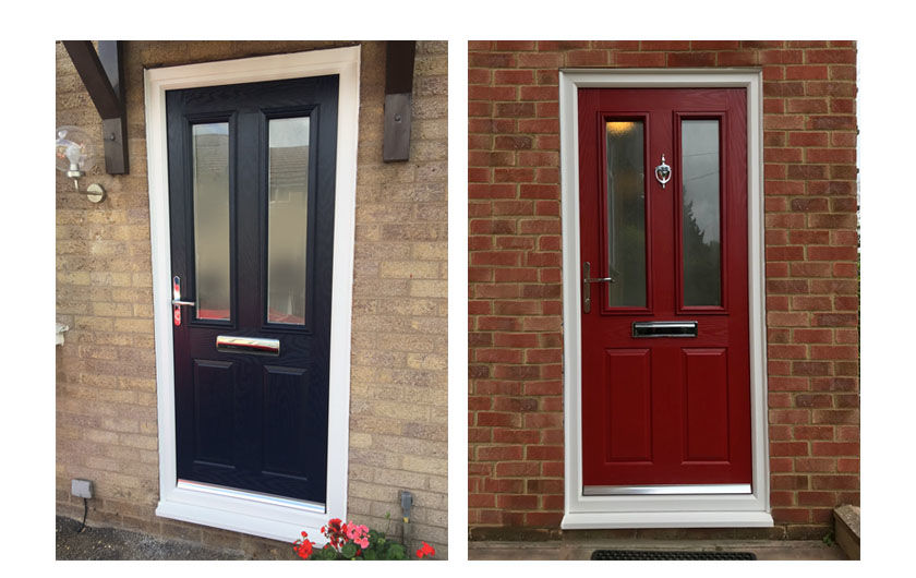 Blue composite door next to red composite door