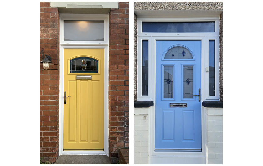 A buttercup yellow composite front door and light dusk blue composite front door side by side
