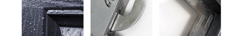 Weather resistant skin, hook lock and warm edge spacer bar of a composite door