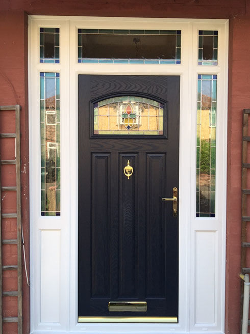 London Opus blue composite front door with toplights & side panels