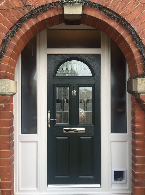 Lothian Zinc Prairie green composite front door with toplight, side panels & catflap