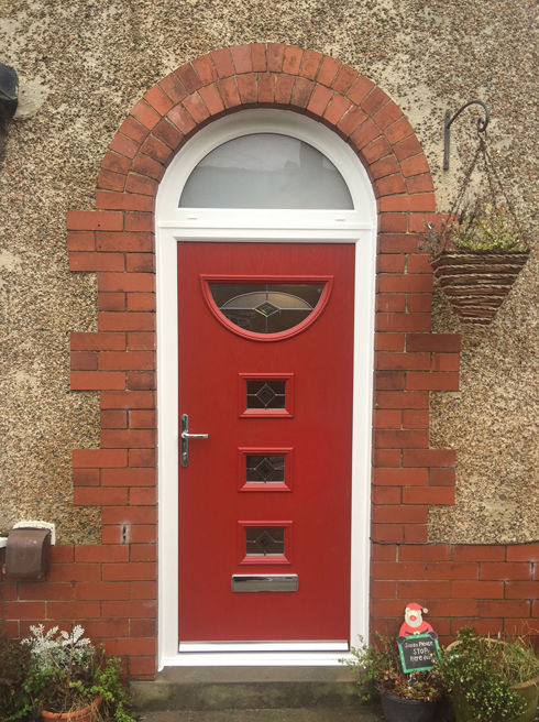 Durham Green Fusion Ellipse red composite front door with arched toplight