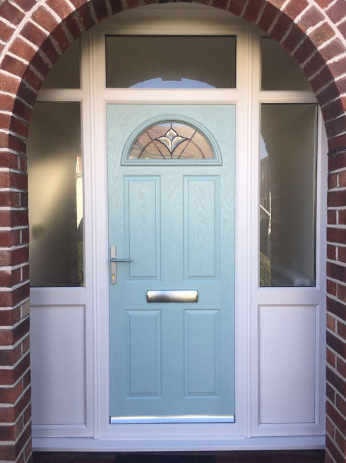 Surrey Petal duck egg blue composite front door with toplights and side panels