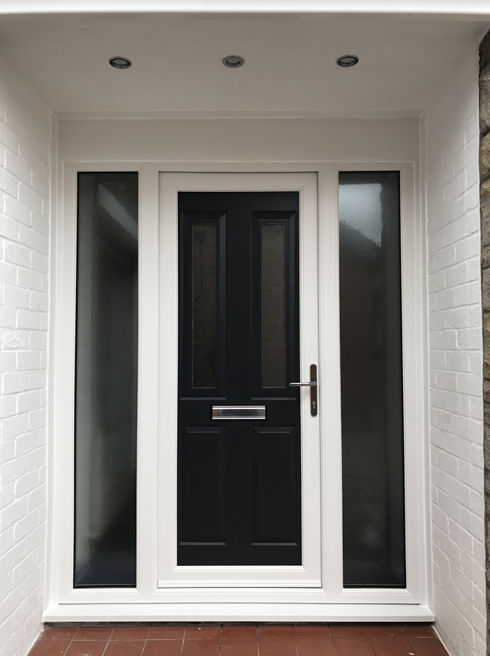 Leeds Sella anthracite grey upvc front door with toplights and side panels