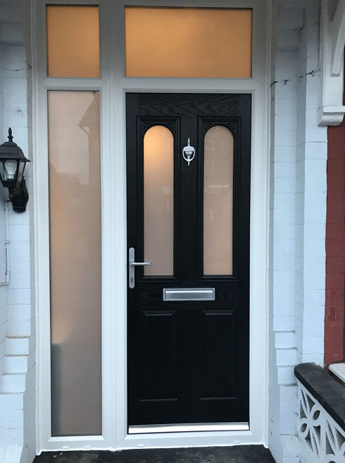 Somerset Anice black composite front door with toplights and side panel