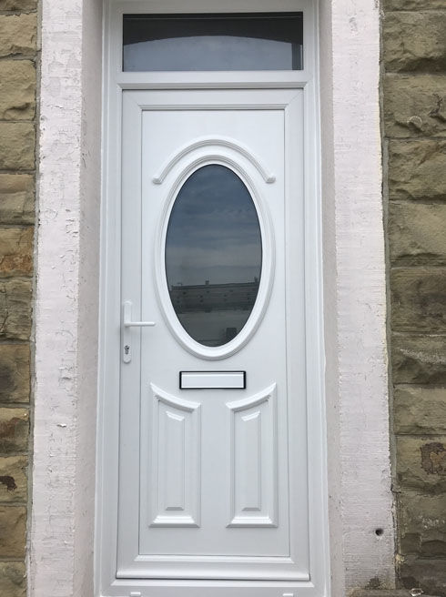 Derby Rene white upvc front door with toplight