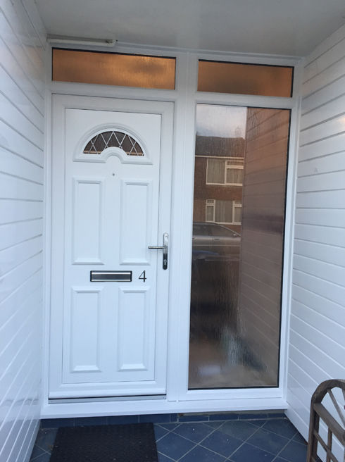Enfield Diamond Lead white upvc front door with toplights & side panel